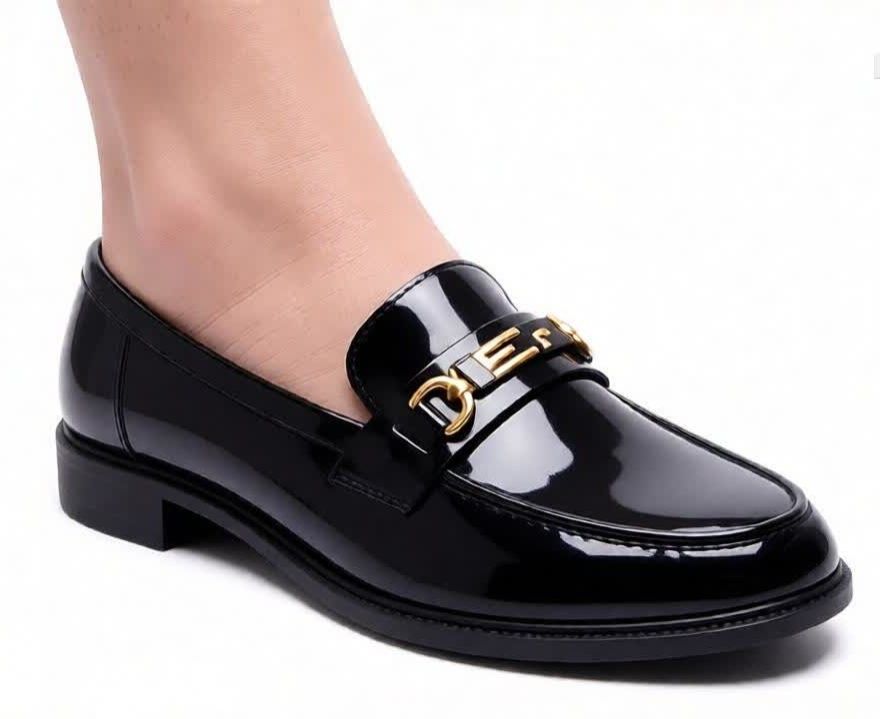 HOT SALE Women Glossy Patent wet look Leather Loafers Slip-On Flat Shoes with Gold Buckle Detail, Comfortable Office Work Shoes, Casual Fashion Ladies Shoes in Black and Brown size 37- 42
