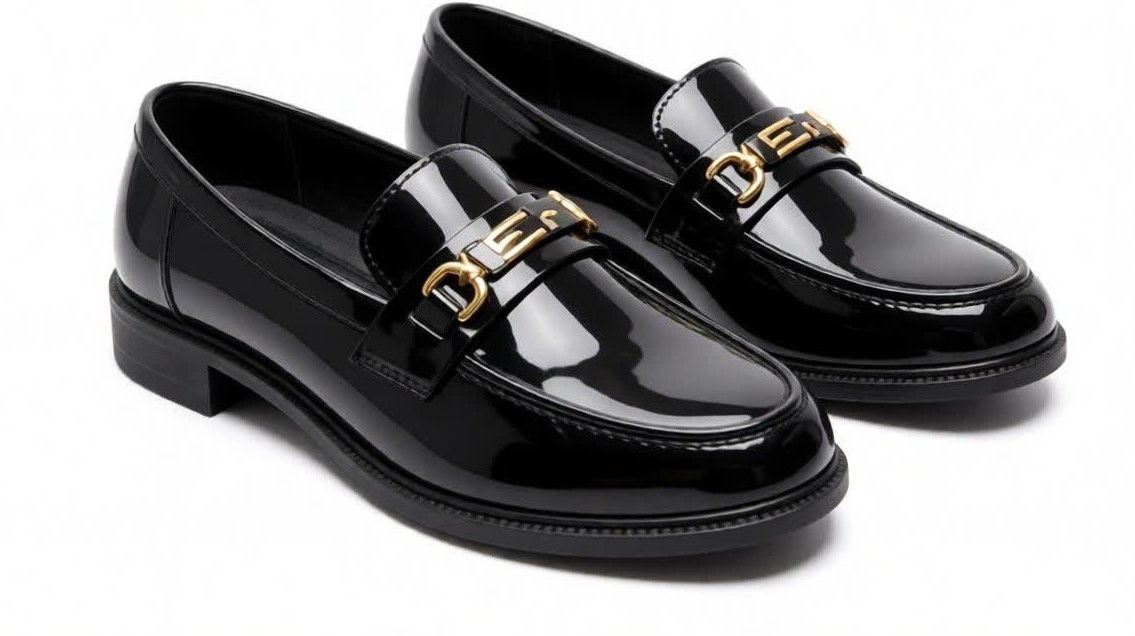 HOT SALE Women Glossy Patent wet look Leather Loafers Slip-On Flat Shoes with Gold Buckle Detail, Comfortable Office Work Shoes, Casual Fashion Ladies Shoes in Black and Brown size 37- 42