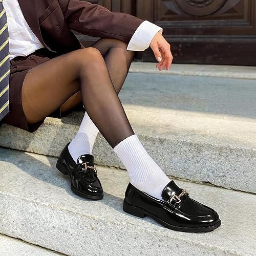 HOT SALE Women Glossy Patent wet look Leather Loafers Slip-On Flat Shoes with Gold Buckle Detail, Comfortable Office Work Shoes, Casual Fashion Ladies Shoes in Black and Brown size 37- 42