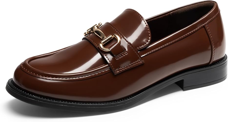 HOT SALE Women Glossy Patent wet look Leather Loafers Slip-On Flat Shoes with Gold Buckle Detail, Comfortable Office Work Shoes, Casual Fashion Ladies Shoes in Black and Brown size 37- 42