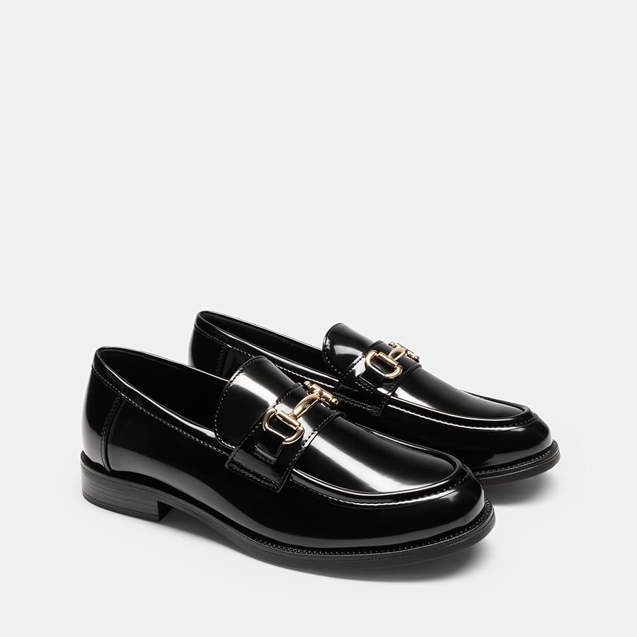 HOT SALE Women Glossy Patent wet look Leather Loafers Slip-On Flat Shoes with Gold Buckle Detail, Comfortable Office Work Shoes, Casual Fashion Ladies Shoes in Black and Brown size 37- 42