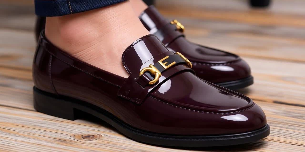 HOT SALE Women Glossy Patent wet look Leather Loafers Slip-On Flat Shoes with Gold Buckle Detail, Comfortable Office Work Shoes, Casual Fashion Ladies Shoes in Black and Brown size 37- 42