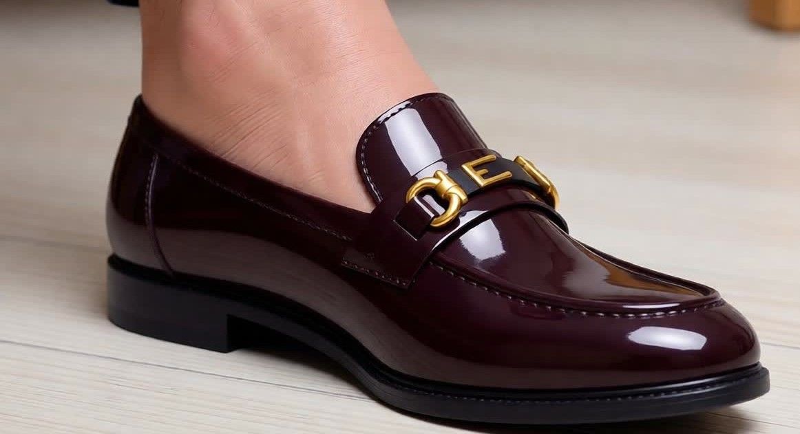 HOT SALE Women Glossy Patent wet look Leather Loafers Slip-On Flat Shoes with Gold Buckle Detail, Comfortable Office Work Shoes, Casual Fashion Ladies Shoes in Black and Brown size 37- 42