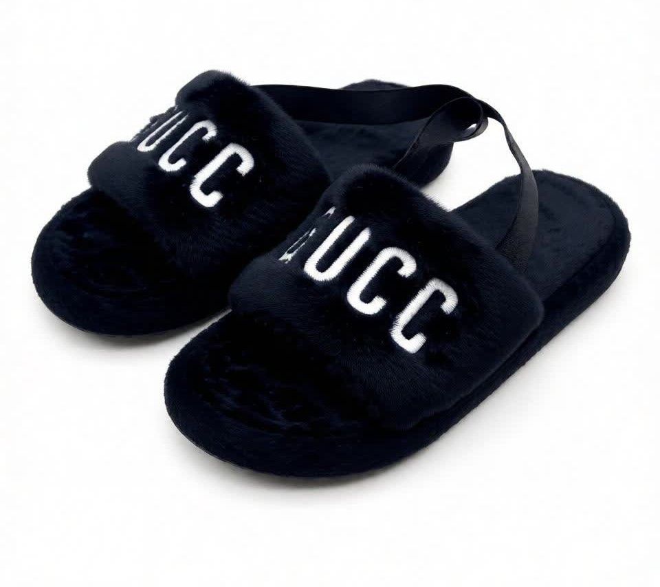 Luxury Women’s Faux Fur Slide Slippers Soft Warm Plush Sandals with Elastic Back Strap, Fashion Design Cozy Indoor & Outdoor Slides for Ladies Winter Comfort Slippers (Black, Beige, Leopard print)   .