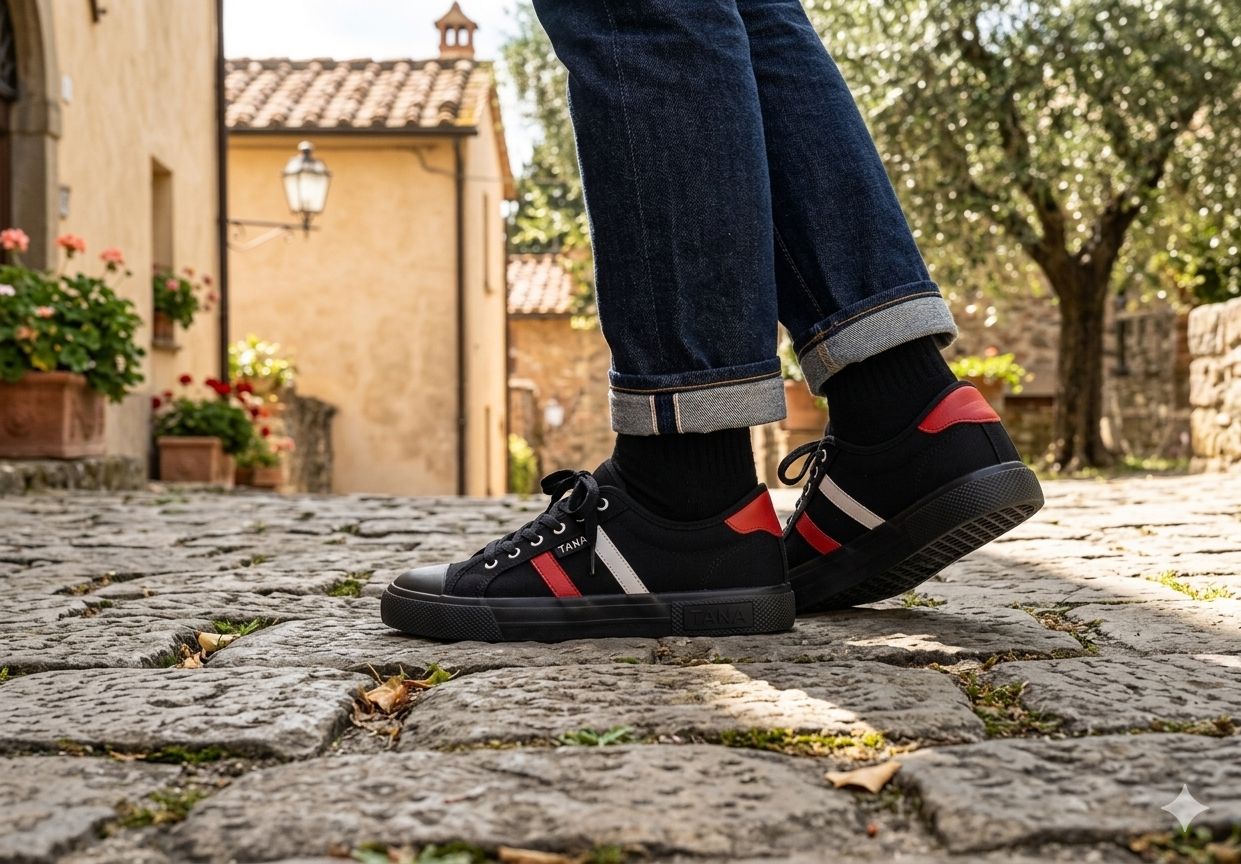 TANA Men & Women Casual Canvas Sneakers Black Low-Top Walking Shoes with Red & White Stripe Detail, Breathable Fashion Flat Sneakers, Lightweight Unisex Outdoor Leisure Footwear, Durable Anti-Slip Can