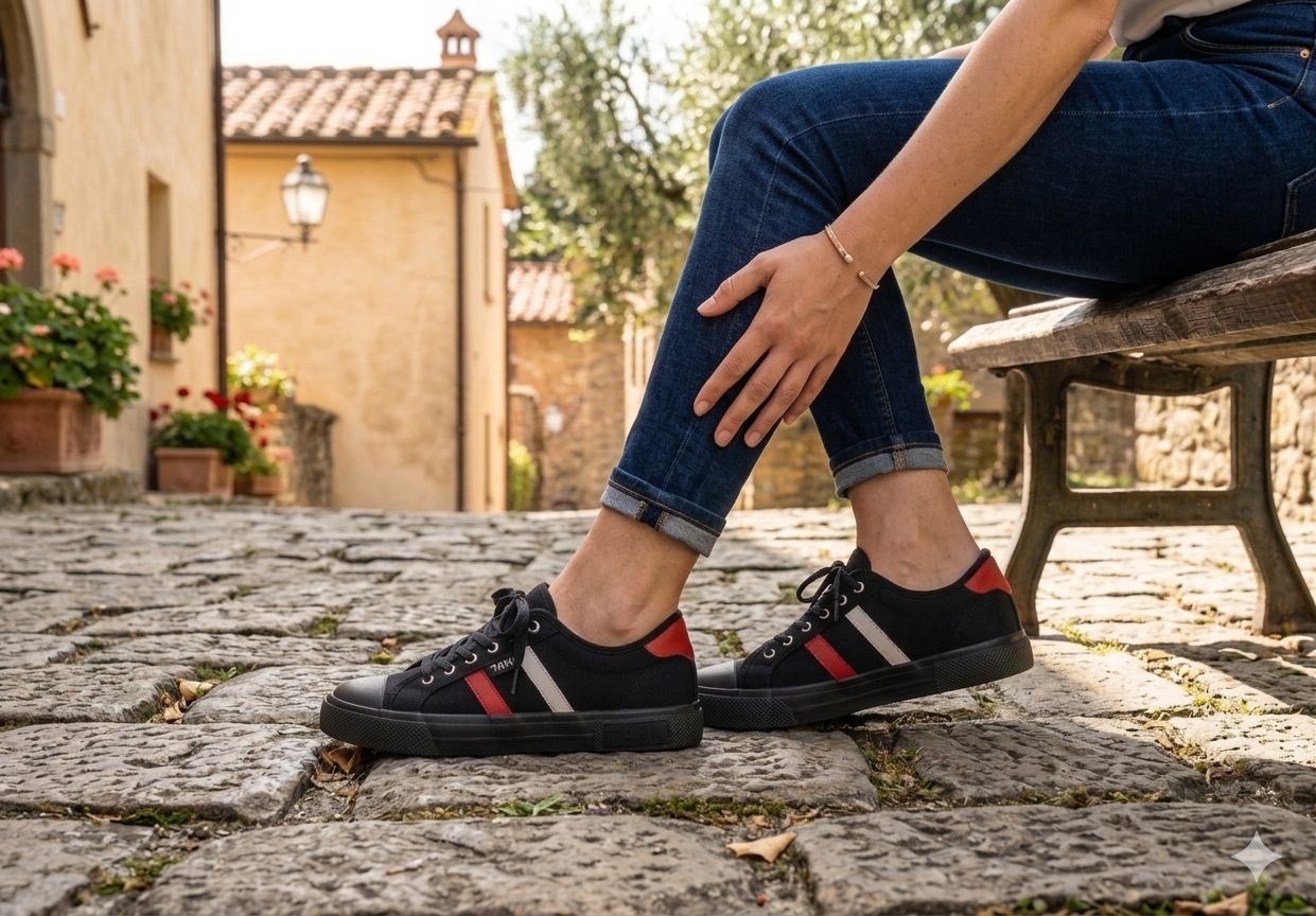 TANA Men & Women Casual Canvas Sneakers Black Low-Top Walking Shoes with Red & White Stripe Detail, Breathable Fashion Flat Sneakers, Lightweight Unisex Outdoor Leisure Footwear, Durable Anti-Slip Can