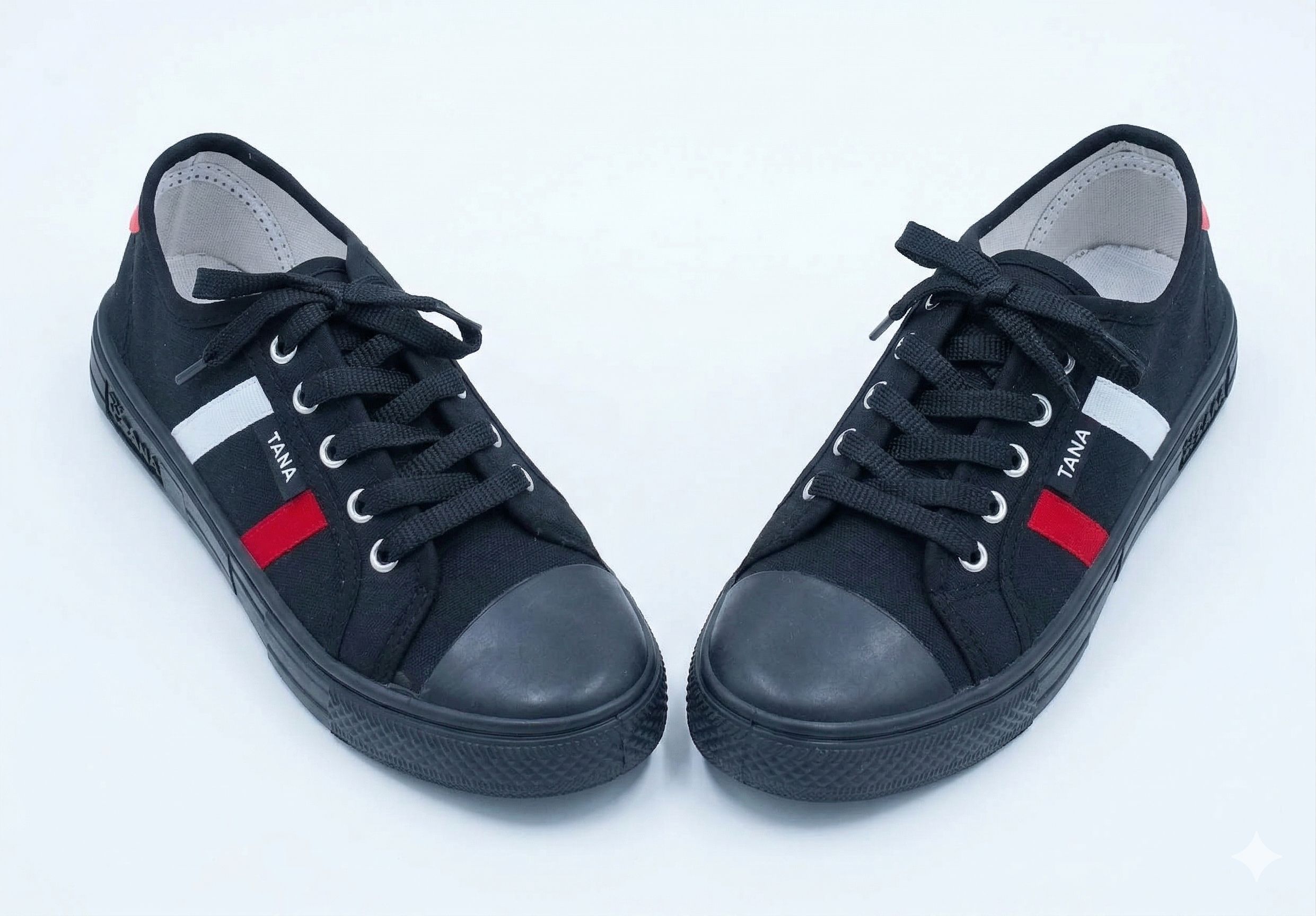 TANA Men & Women Casual Canvas Sneakers Black Low-Top Walking Shoes with Red & White Stripe Detail, Breathable Fashion Flat Sneakers, Lightweight Unisex Outdoor Leisure Footwear, Durable Anti-Slip Can