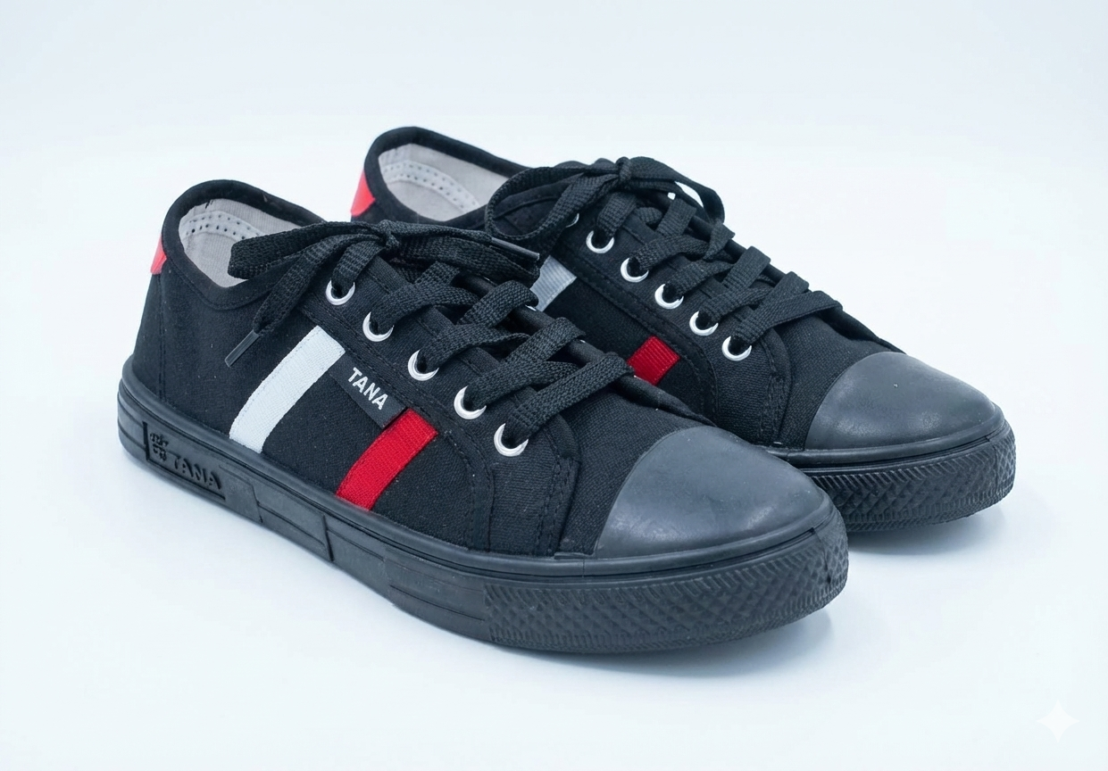 TANA Men & Women Casual Canvas Sneakers Black Low-Top Walking Shoes with Red & White Stripe Detail, Breathable Fashion Flat Sneakers, Lightweight Unisex Outdoor Leisure Footwear, Durable Anti-Slip Can