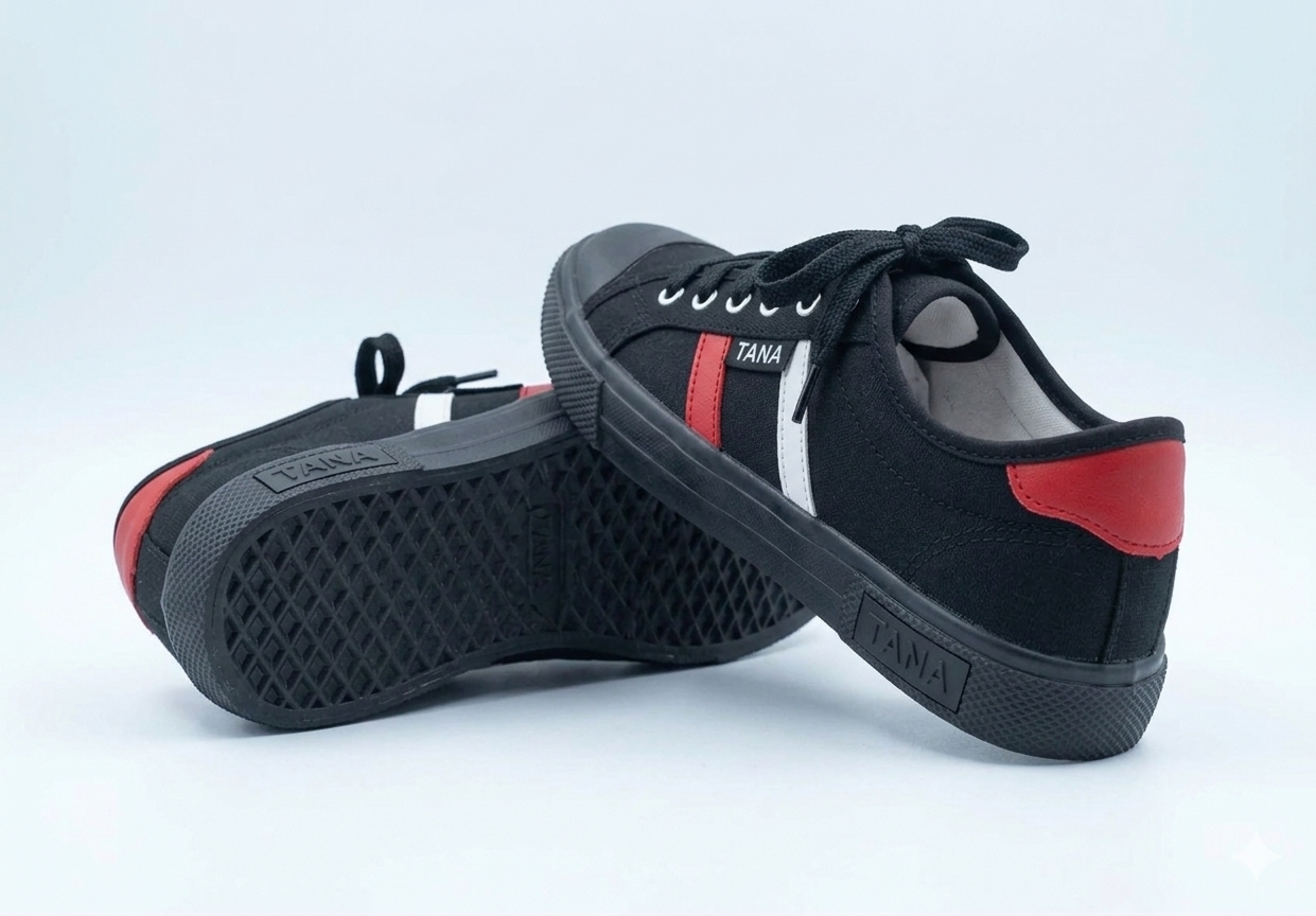 TANA Men & Women Casual Canvas Sneakers Black Low-Top Walking Shoes with Red & White Stripe Detail, Breathable Fashion Flat Sneakers, Lightweight Unisex Outdoor Leisure Footwear, Durable Anti-Slip Can