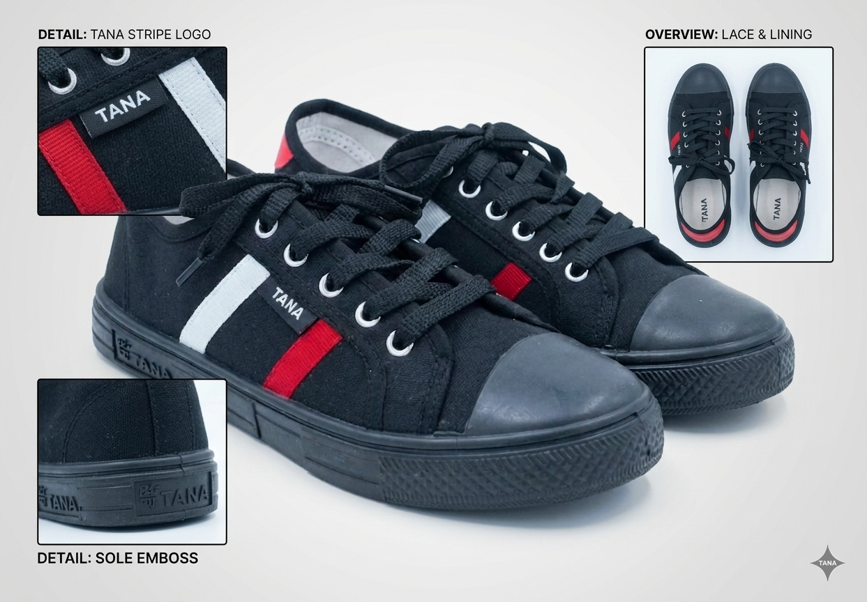 TANA Men & Women Casual Canvas Sneakers Black Low-Top Walking Shoes with Red & White Stripe Detail, Breathable Fashion Flat Sneakers, Lightweight Unisex Outdoor Leisure Footwear, Durable Anti-Slip Can