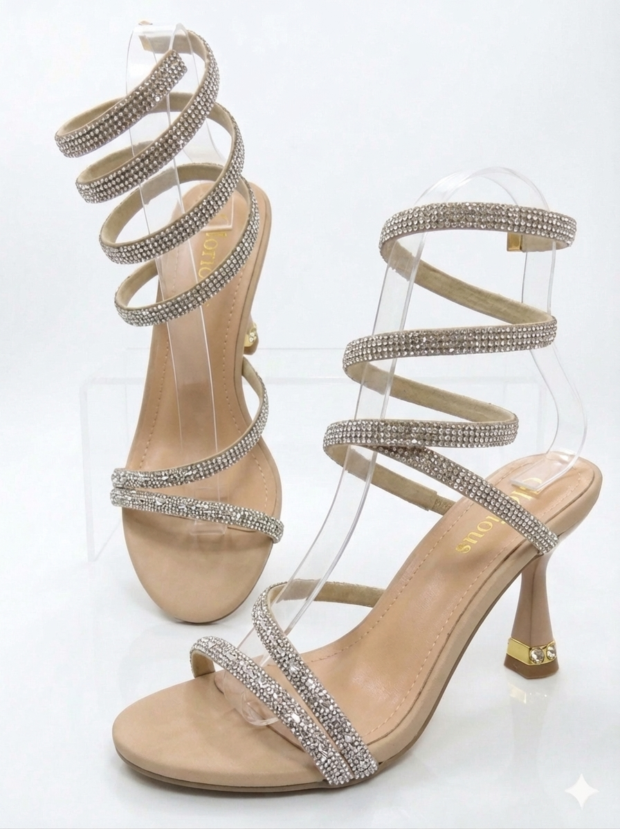 Glorious Luxury Women Rhinestone High Heel Sandals Open Toe Lace Up Spiral Strap Stiletto Heels for Ladies Elegant Party Wedding Evening Shoes Crystal Strap Fashion High Heels Comfortable Dress Shoes.