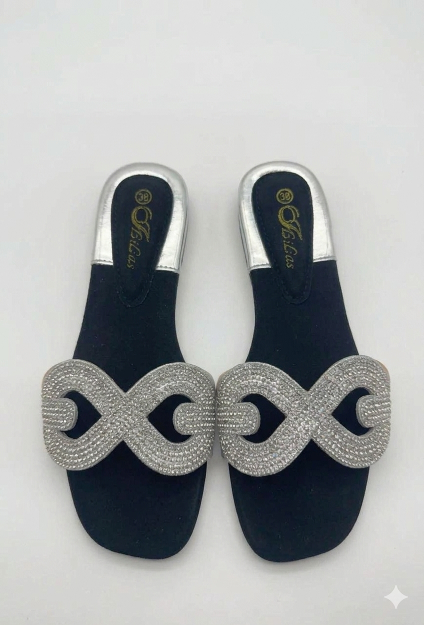 Women Rhinestone Flat Slide Sandals Elegant Open Toe Slip-On Slippers for Ladies Comfortable Casual Summer Shoes Soft Sole Indoor Outdoor Beach Slides Fashion Footwear Black Gold Silver Size 37-42   .