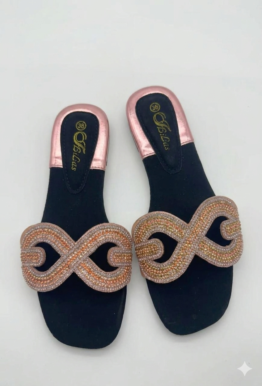 Women Rhinestone Flat Slide Sandals Elegant Open Toe Slip-On Slippers for Ladies Comfortable Casual Summer Shoes Soft Sole Indoor Outdoor Beach Slides Fashion Footwear Black Gold Silver Size 37-42   .