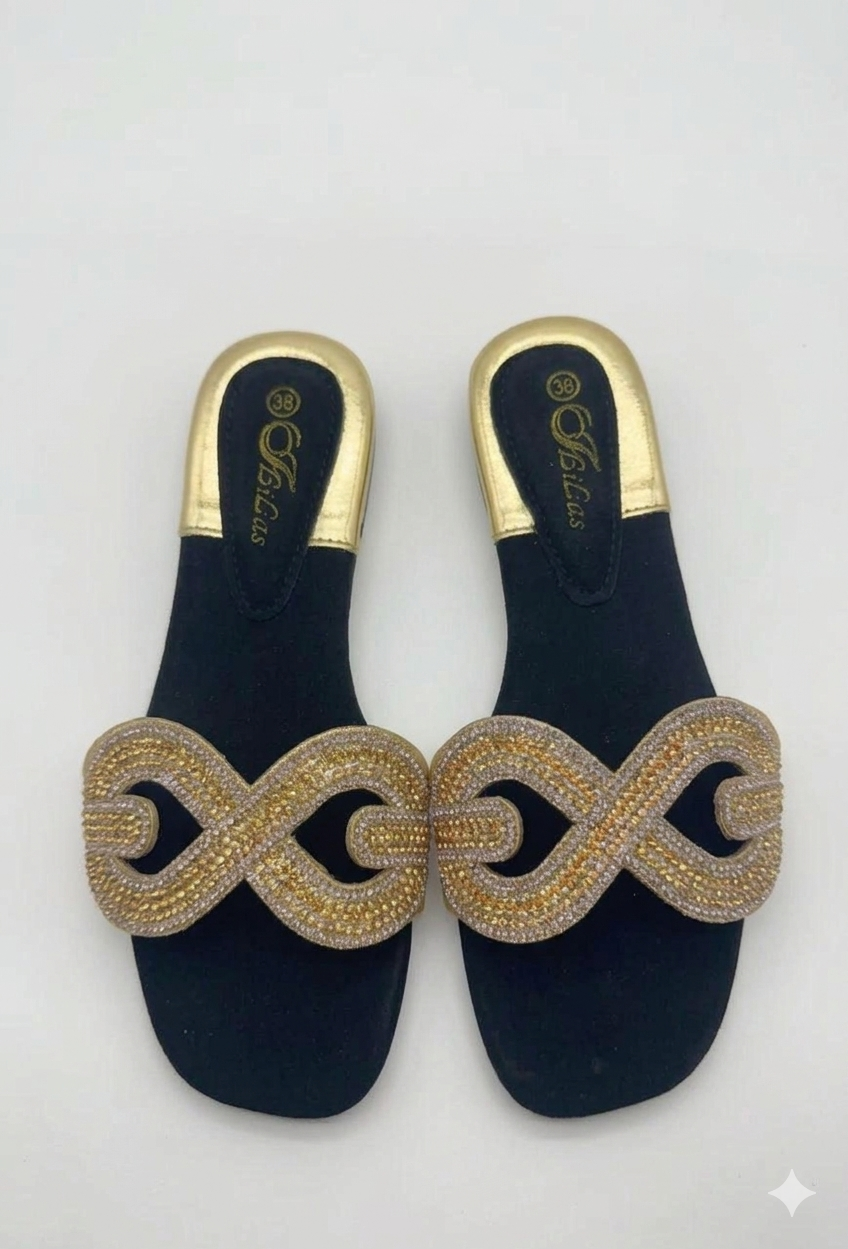 Women Rhinestone Flat Slide Sandals Elegant Open Toe Slip-On Slippers for Ladies Comfortable Casual Summer Shoes Soft Sole Indoor Outdoor Beach Slides Fashion Footwear Black Gold Silver Size 37-42   .