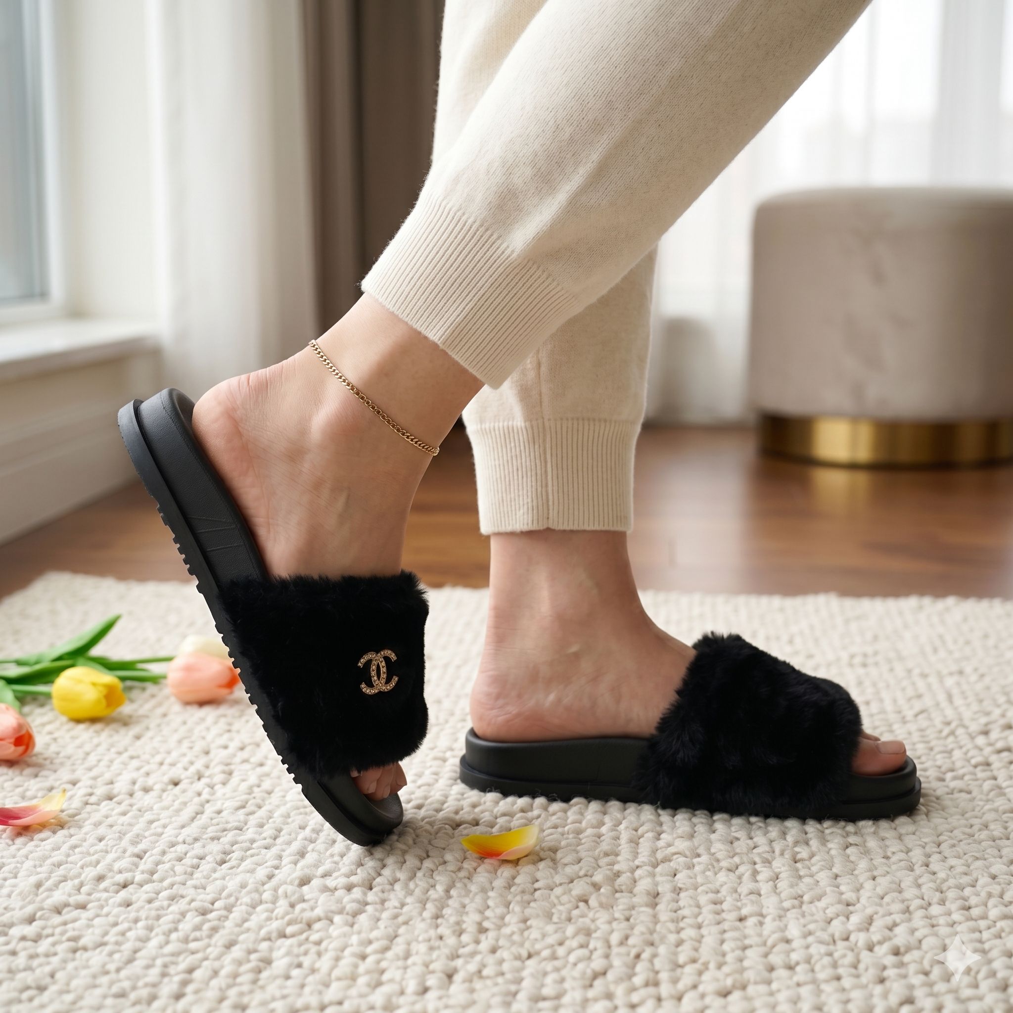 Women’s Luxury Fluffy Slides Soft Fur Open-Toe Slippers with Elegant Metal Detail, Comfortable Lightweight Flat Sandals, Non-Slip Sole, Stylish Indoor & Outdoor Casual Slides for Everyday Wear (37-42)