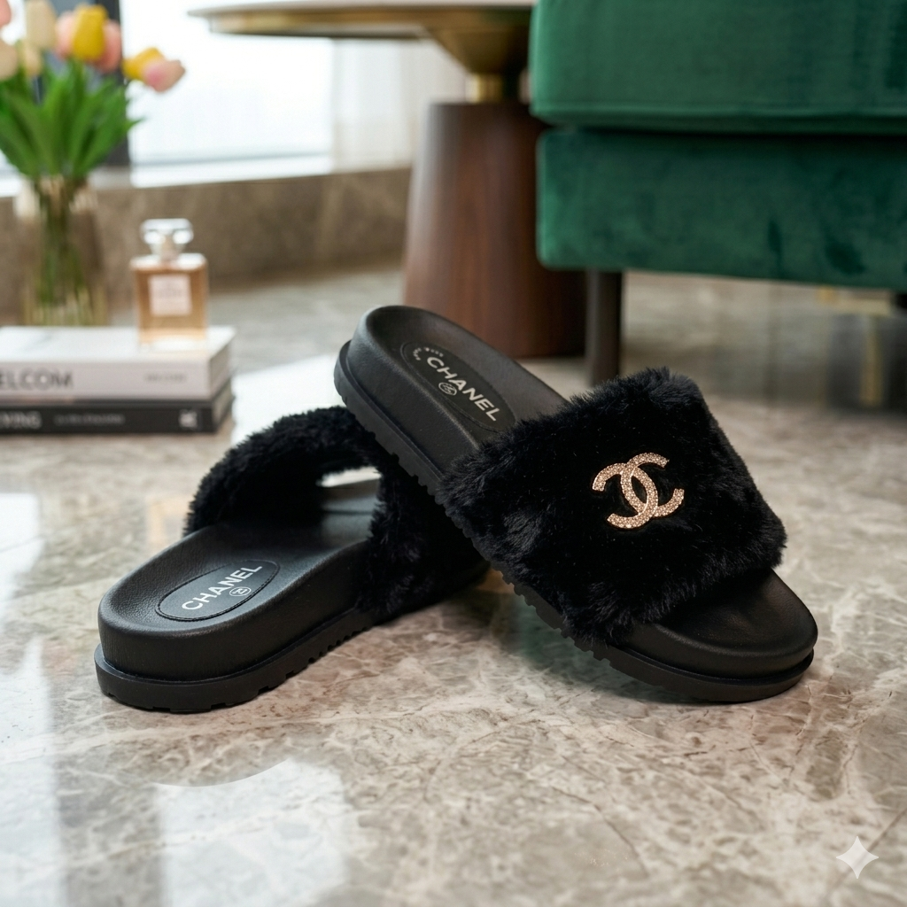 Women’s Luxury Fluffy Slides Soft Fur Open-Toe Slippers with Elegant Metal Detail, Comfortable Lightweight Flat Sandals, Non-Slip Sole, Stylish Indoor & Outdoor Casual Slides for Everyday Wear (37-42)