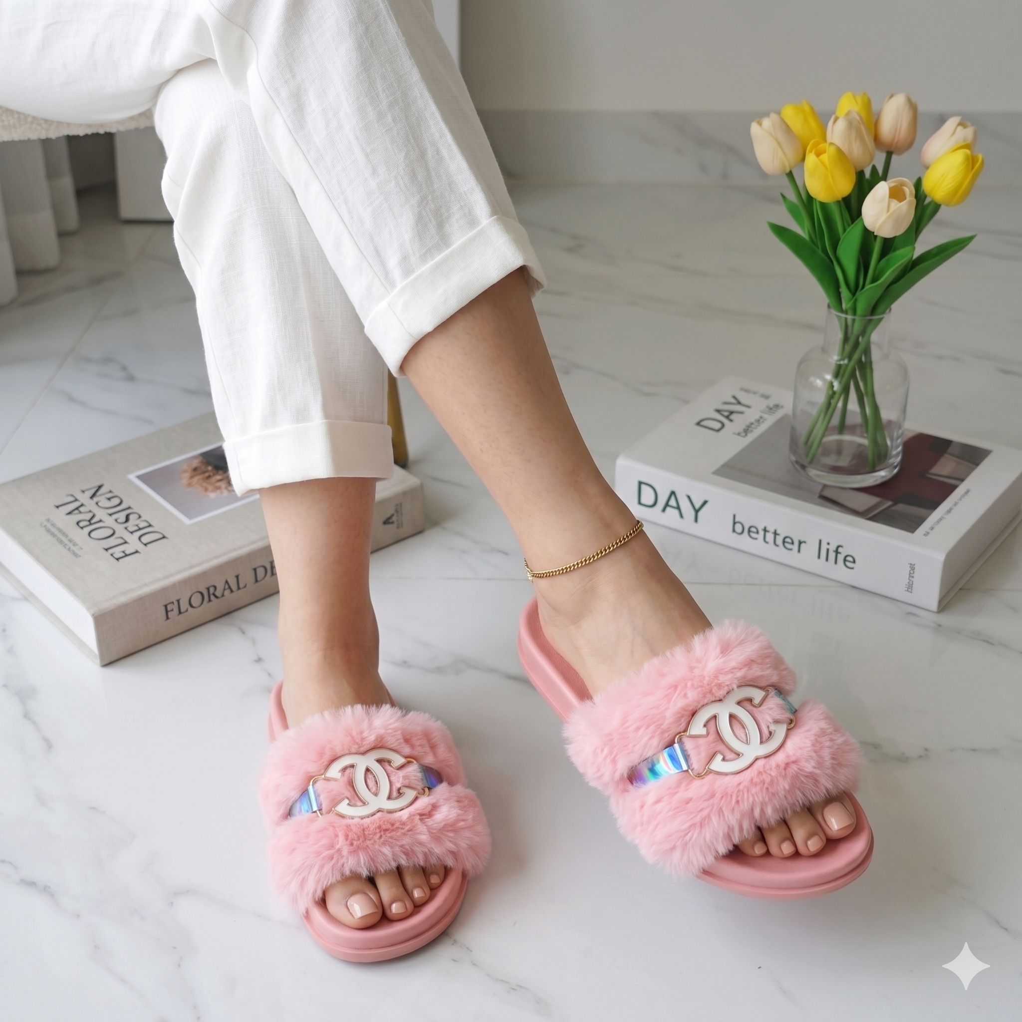 OFFER! New Women’s Stylish Fluffy Slides Soft Fur Slip-On Slippers with Luxury Metal Detail, Lightweight Comfortable Flat Sandals, Trendy Casual Indoor & Outdoor Slides for Everyday Wear (Sizes 37–42)