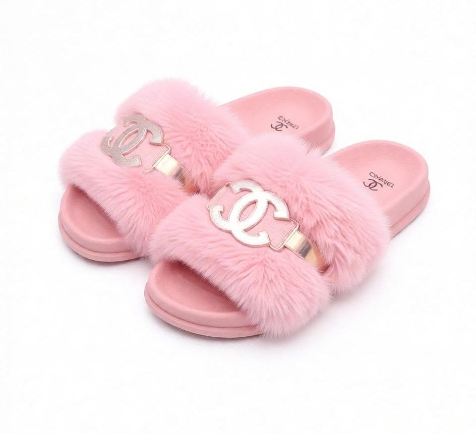 OFFER! New Women’s Stylish Fluffy Slides Soft Fur Slip-On Slippers with Luxury Metal Detail, Lightweight Comfortable Flat Sandals, Trendy Casual Indoor & Outdoor Slides for Everyday Wear (Sizes 37–42)