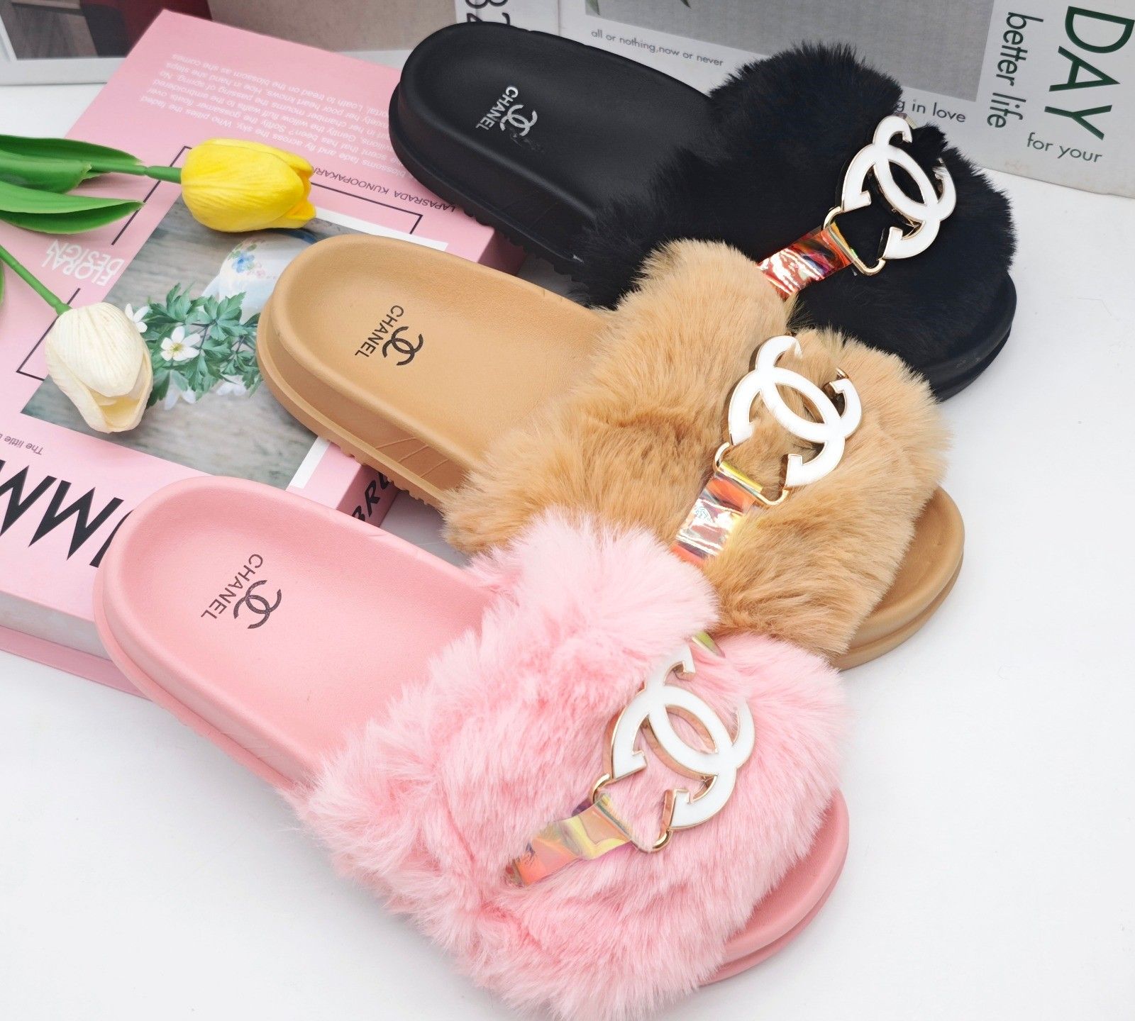 OFFER! New Women’s Stylish Fluffy Slides Soft Fur Slip-On Slippers with Luxury Metal Detail, Lightweight Comfortable Flat Sandals, Trendy Casual Indoor & Outdoor Slides for Everyday Wear (Sizes 37–42)