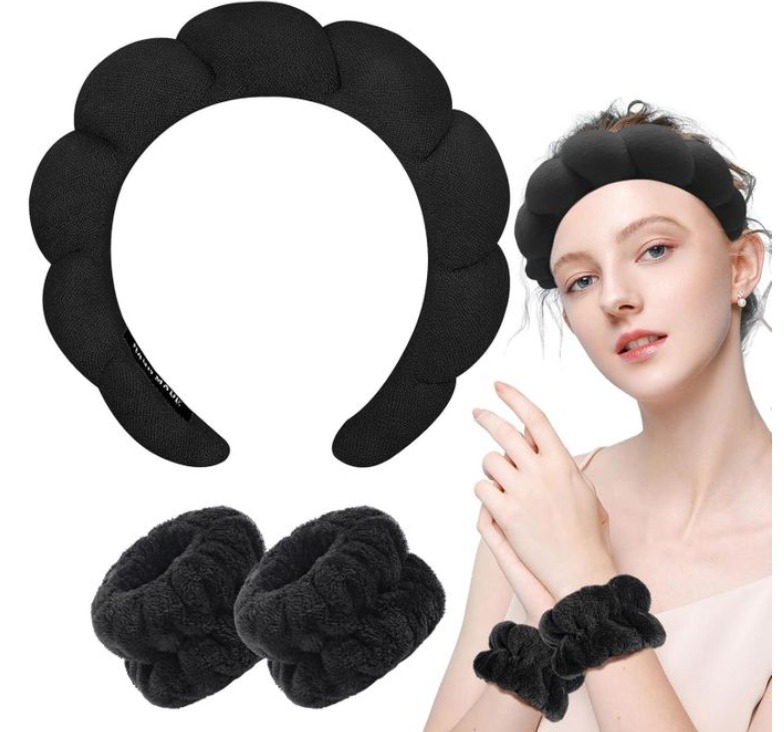 3pc set Women's Spa Headband and Wristbands for Washing Face/makeup Absorbent Sponge and cuff Headband for Women's skin care routine Head band and Wrist bands pack