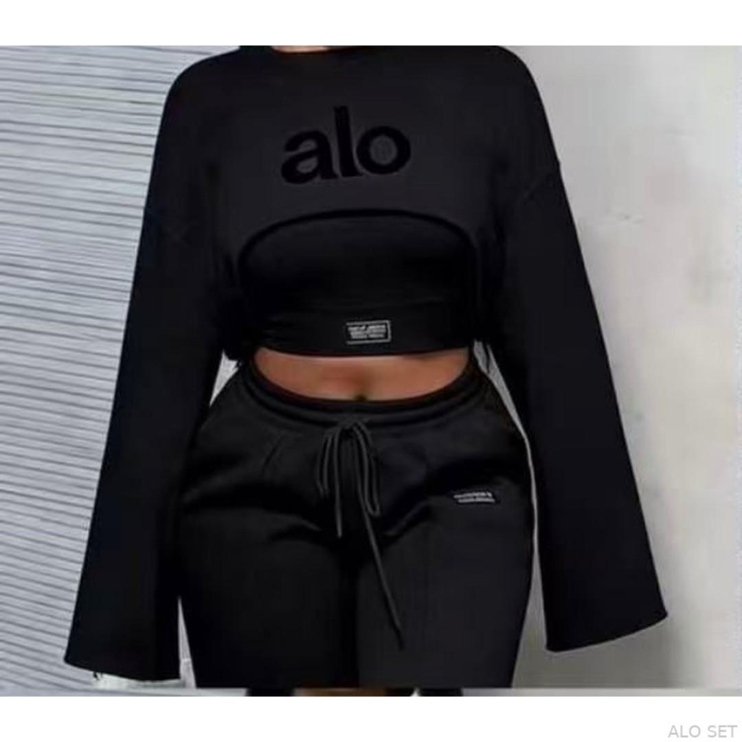 ALO 3PC Women Matching Sweatsuit Set – Crop Sweatshirt, Tube Top & Wide Leg Pants | Women Tracksuit, Gym Set, Sportswear, Casual Wear & Streetwear Kenya