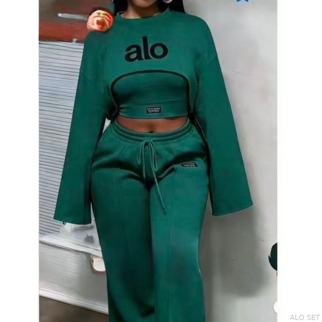 ALO 3PC Women Matching Sweatsuit Set – Crop Sweatshirt, Tube Top & Wide Leg Pants | Women Tracksuit, Gym Set, Sportswear, Casual Wear & Streetwear Kenya