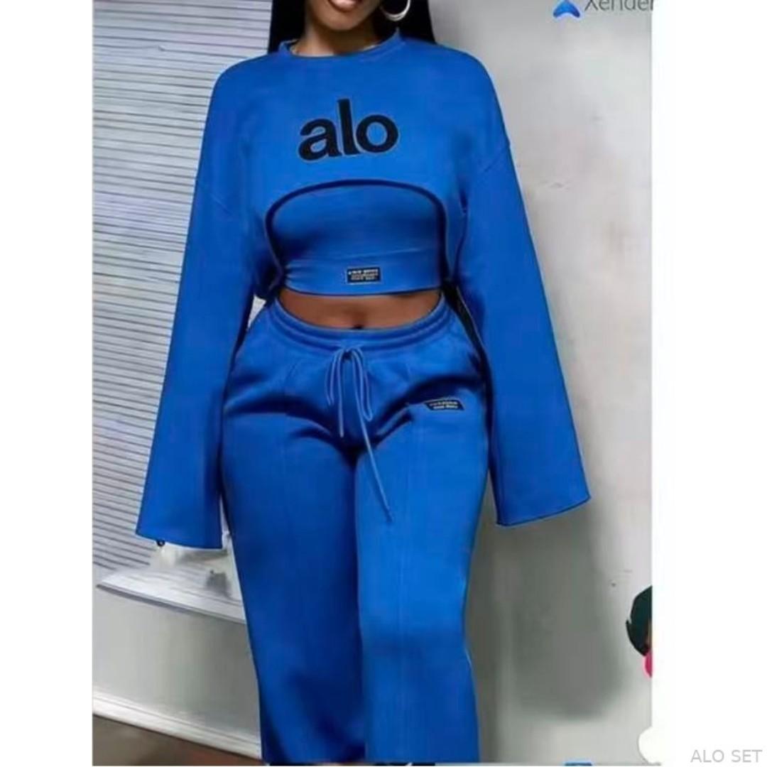 ALO 3PC Women Matching Sweatsuit Set – Crop Sweatshirt, Tube Top & Wide Leg Pants | Women Tracksuit, Gym Set, Sportswear, Casual Wear & Streetwear Kenya