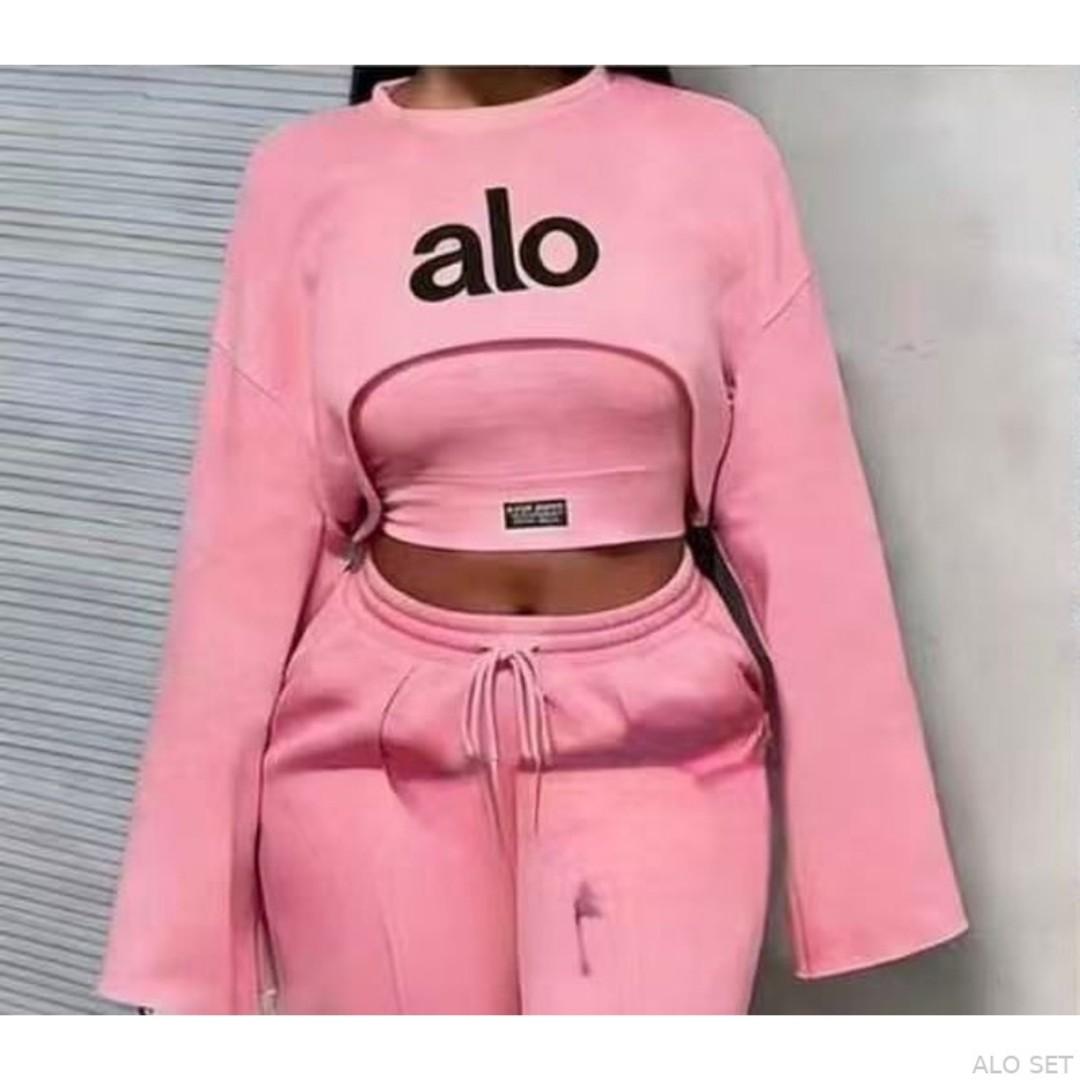 ALO 3PC Women Matching Sweatsuit Set – Crop Sweatshirt, Tube Top & Wide Leg Pants | Women Tracksuit, Gym Set, Sportswear, Casual Wear & Streetwear Kenya