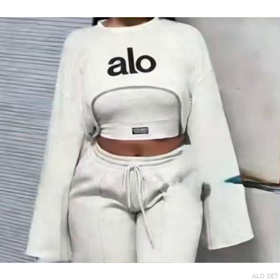 ALO 3PC Women Matching Sweatsuit Set – Crop Sweatshirt, Tube Top & Wide Leg Pants | Women Tracksuit, Gym Set, Sportswear, Casual Wear & Streetwear Kenya