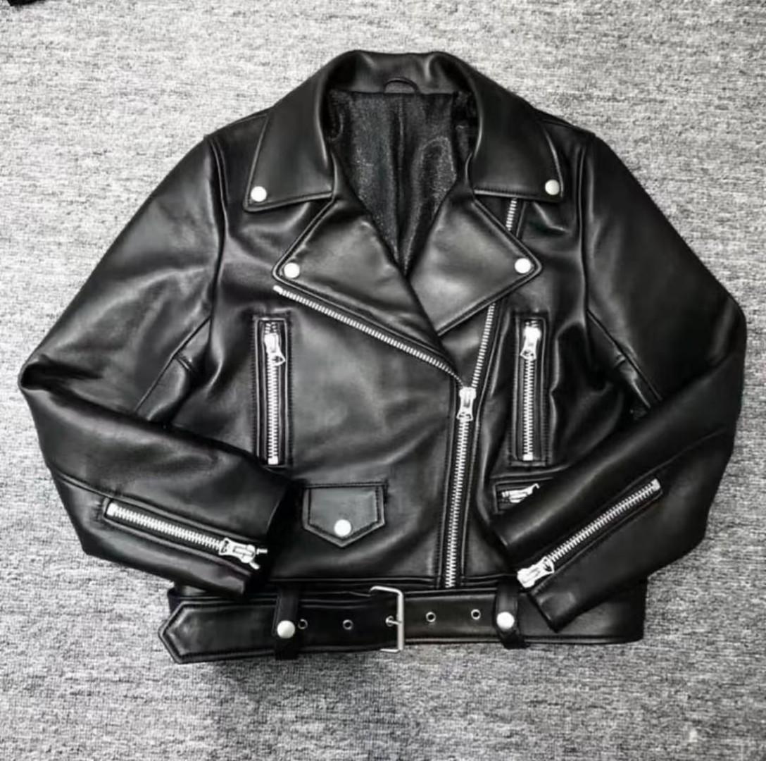 🔥Premium Women Moto Bike Leather Jacket✅ - Fitting High Quality Genuine Leather Biker Jacket with Belt - Colour (Black) Size Available (M-5XL)