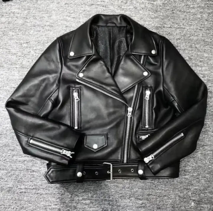 🔥Premium Women Moto Bike Leather Jacket✅ - Fitting High Quality Genuine Leather Biker Jacket with Belt - Colour (Black) Size Available (M-5XL)