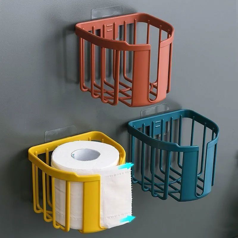 Punch-Free Toilet Paper Holder, Available in all colors , comes with stickers , Sticks on most wall surfaces, Strong Kitchen Basket, Bathroom Accessories -