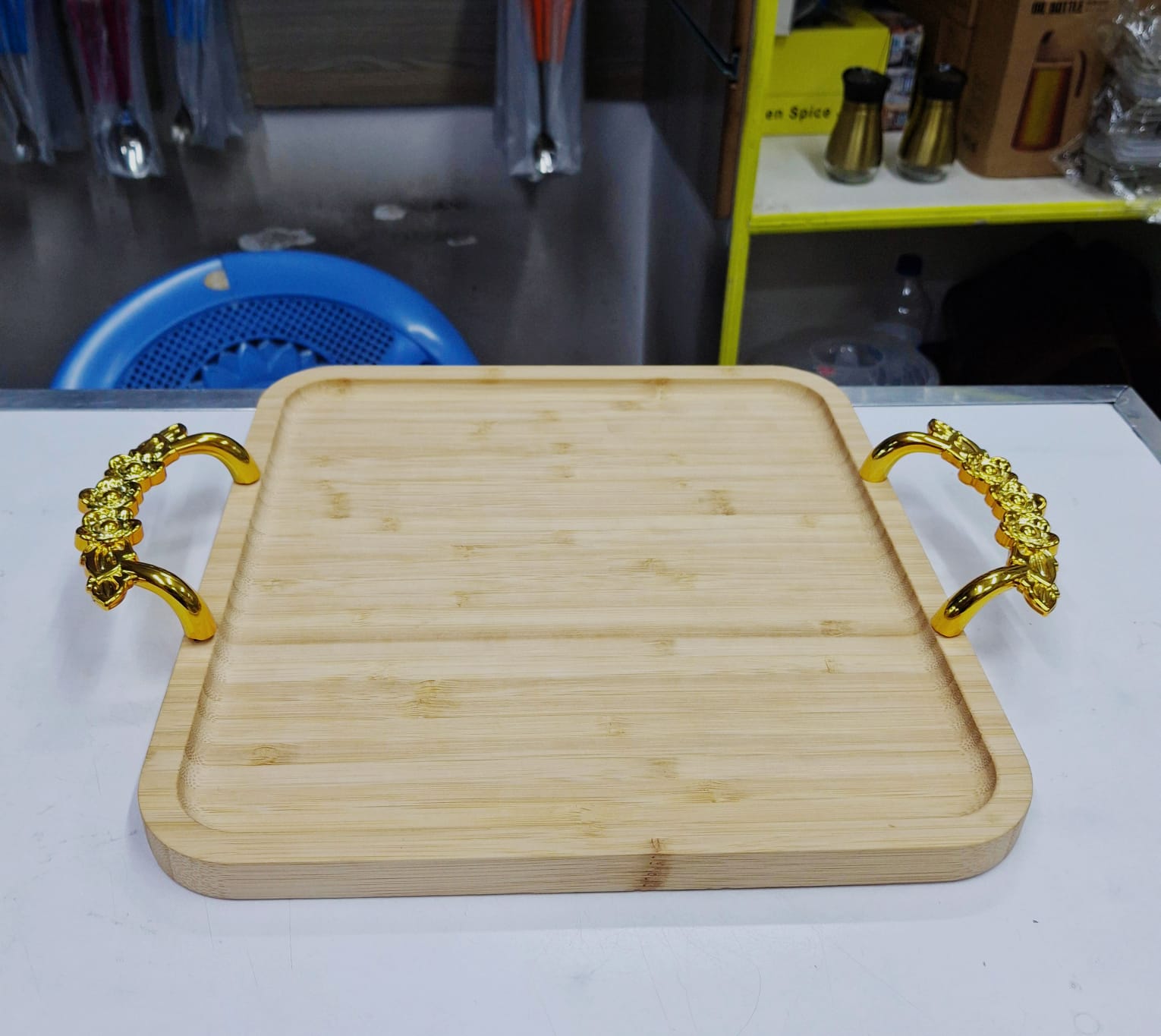Squared wooden tray with gold handles Size: 29cmx29cm for serving, arranging decor  pieces, charcuterie board, cooking etc
