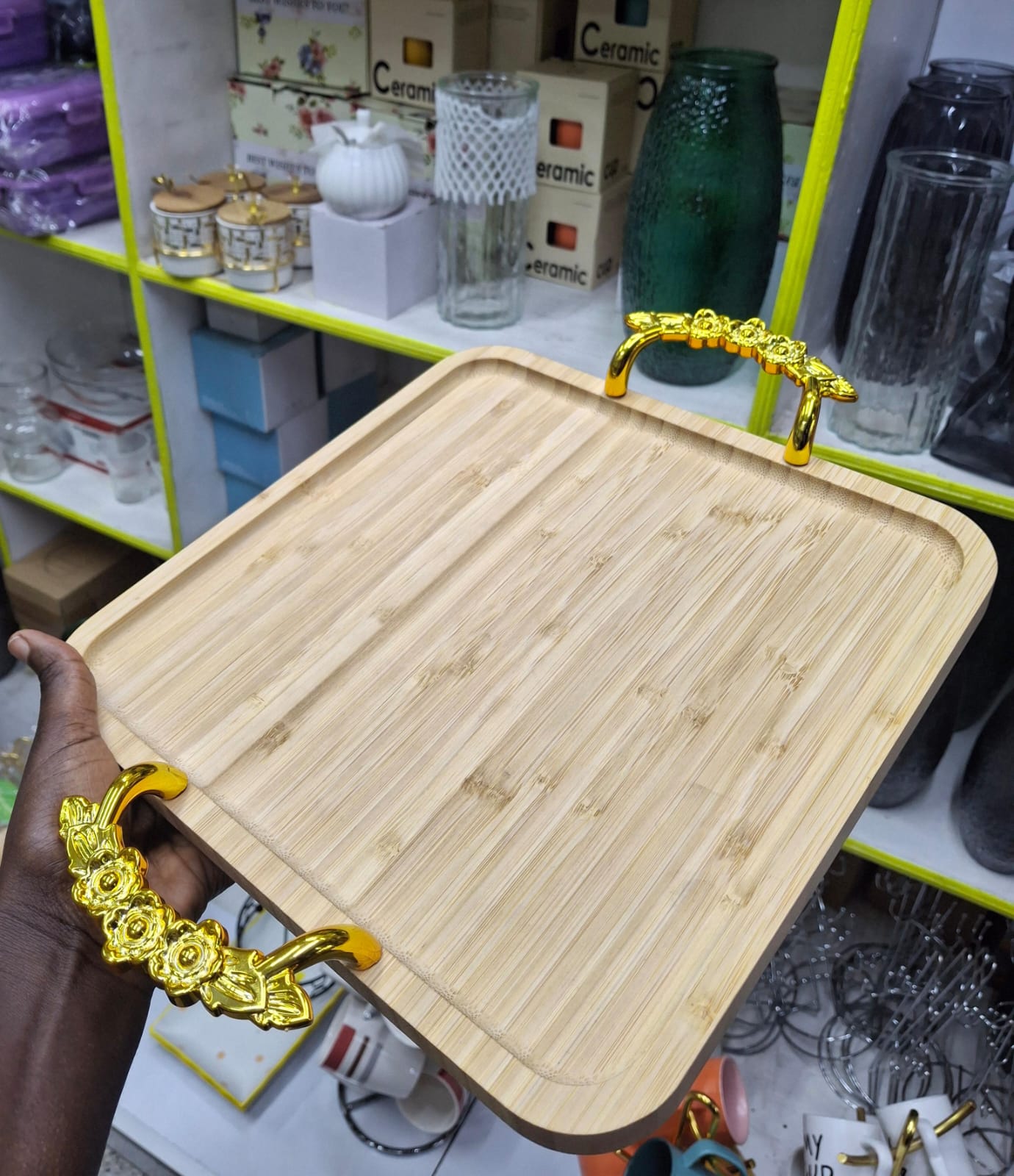 Squared wooden tray with gold handles Size: 29cmx29cm for serving, arranging decor  pieces, charcuterie board, cooking etc