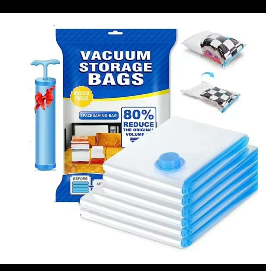 6pcs Vacuum Storage Bags with Suction Pump – Space Saver Organizer for Clothes, Bedding, and Travel, 80x100cm Durable, Reusable, and Airtight.