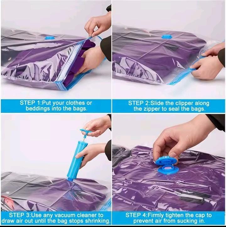 6pcs Vacuum Storage Bags with Suction Pump – Space Saver Organizer for Clothes, Bedding, and Travel, 80x100cm Durable, Reusable, and Airtight.