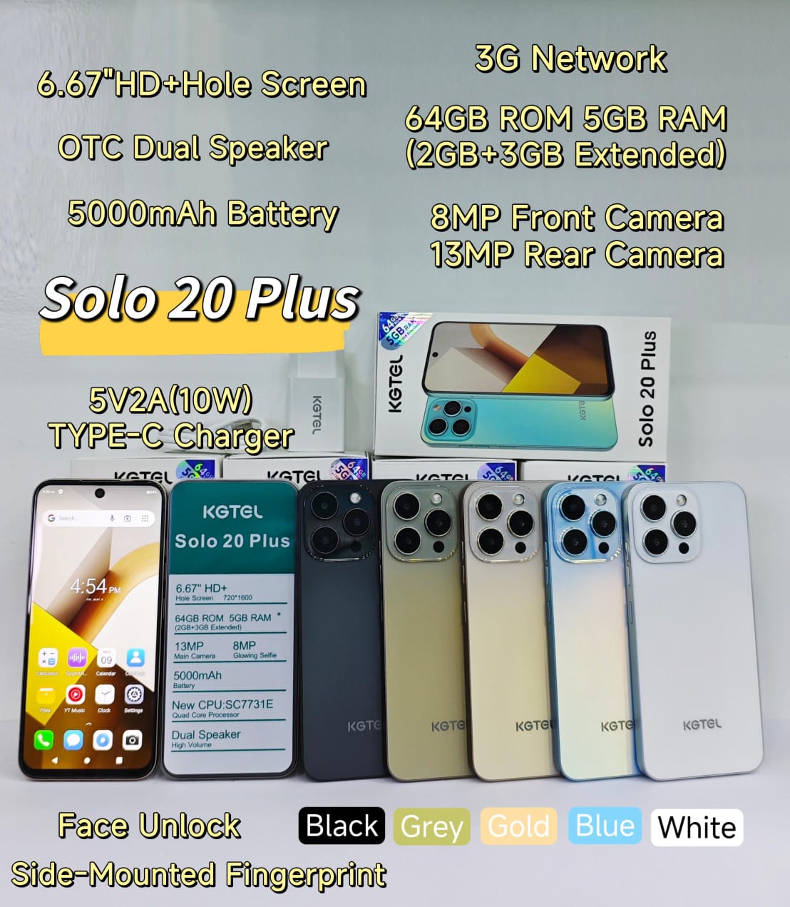 EASTER SALES DEAL!!! SOLO 20 PLUS 64GB ROM+5GBRAM BATTERY 5000MAH SCREEN 6.67" NETWORK 2G/3G CAMERA REAR 13MP+FRONT 8MP FACE UNLOCK SIDE MOUNTED FINGERPRINT SMART PHONE