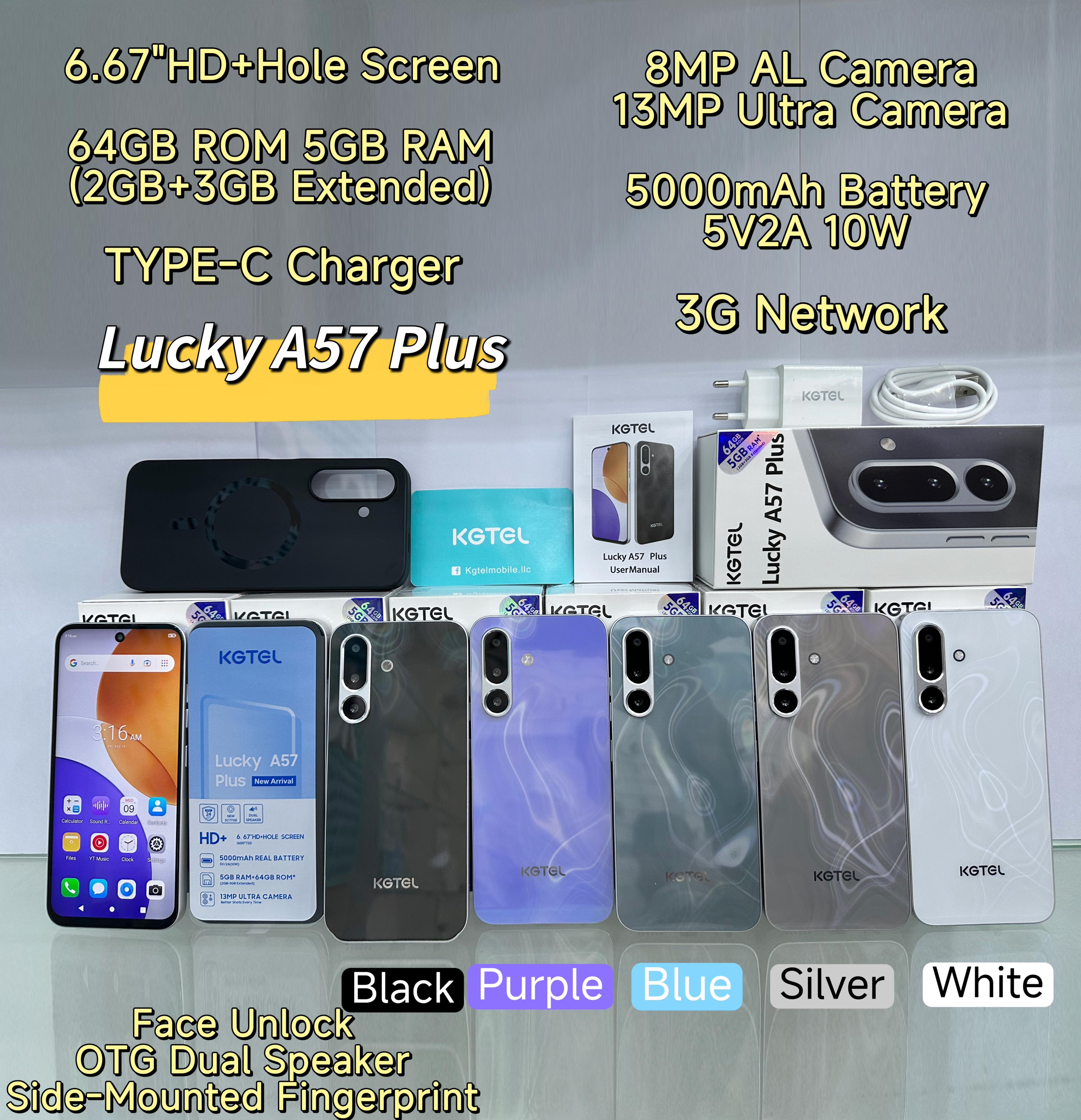 (EASTER SALES OFFER)LUCKY A57 PLUS 3G Phone 6.67" HD Display, 64GB ROM + 5GB RAM, New MTK6580P Quad-Core CPU, 5000mAh Battery, 13MP/8MP Dual Cameras, Type-C, Side-Mounted Fingerprint Smartphone