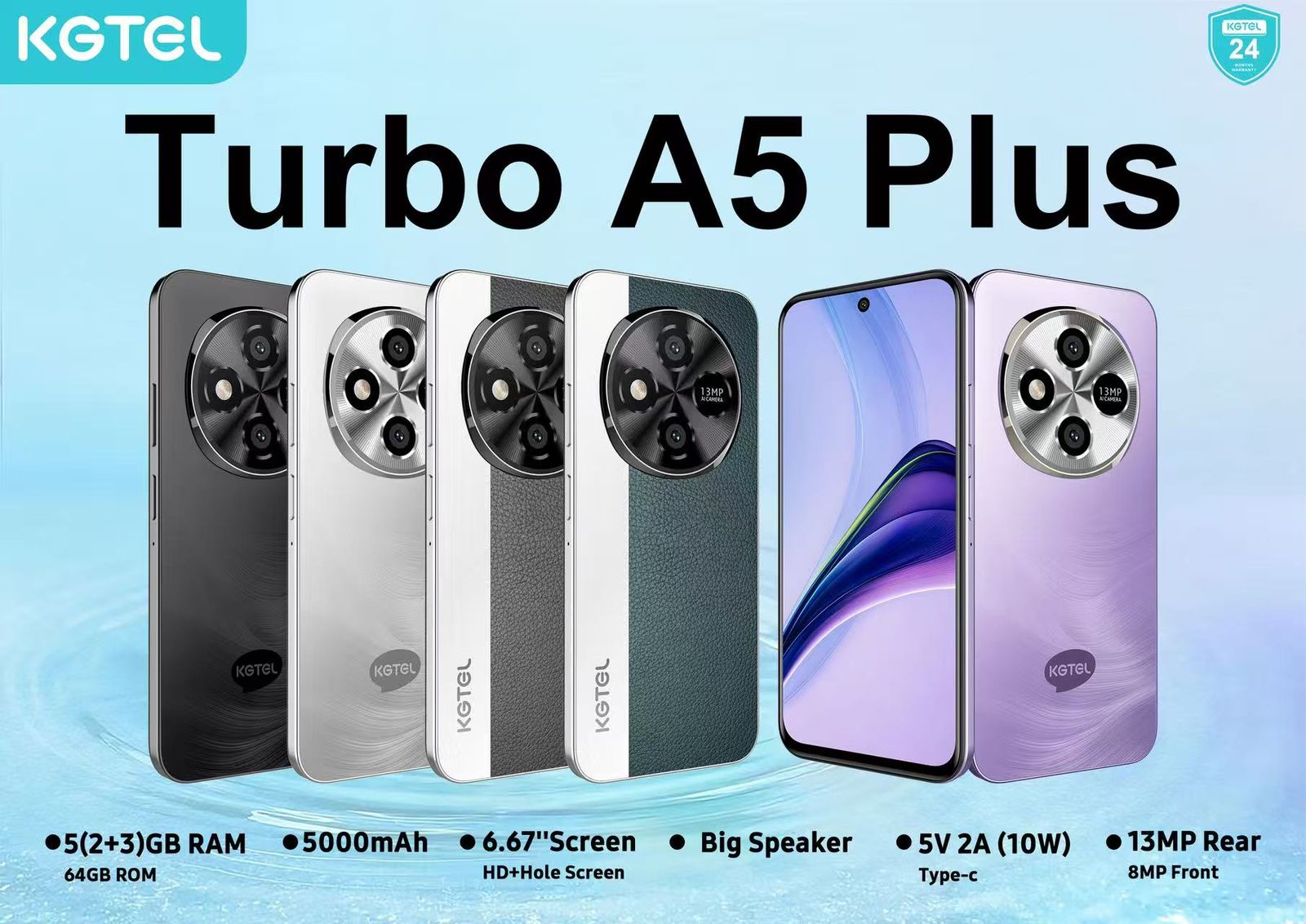 (EASTER SALES OFFER)KGTEL TURBO A5 PLUS 3G Phone, 6.67" HD+ Hole Screen, 64GB ROM, 5GB RAM (2+3 Extended), 5000mAh Battery, 13MP Camera, Type-C, Side Fingerprint, Face Unlock,Android Smartphone