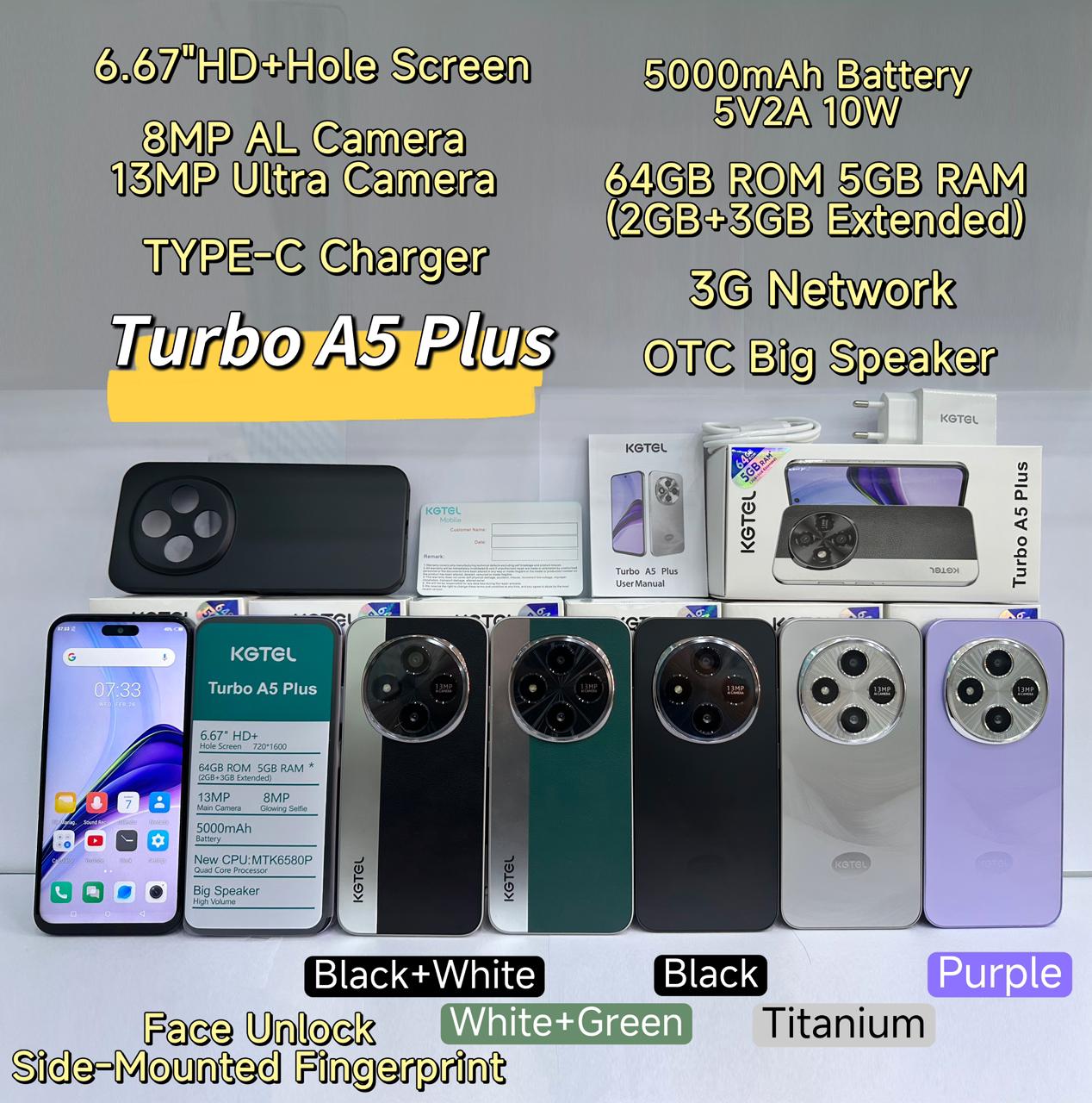 (EASTER SALES OFFER)KGTEL TURBO A5 PLUS 3G Phone, 6.67" HD+ Hole Screen, 64GB ROM, 5GB RAM (2+3 Extended), 5000mAh Battery, 13MP Camera, Type-C, Side Fingerprint, Face Unlock,Android Smartphone
