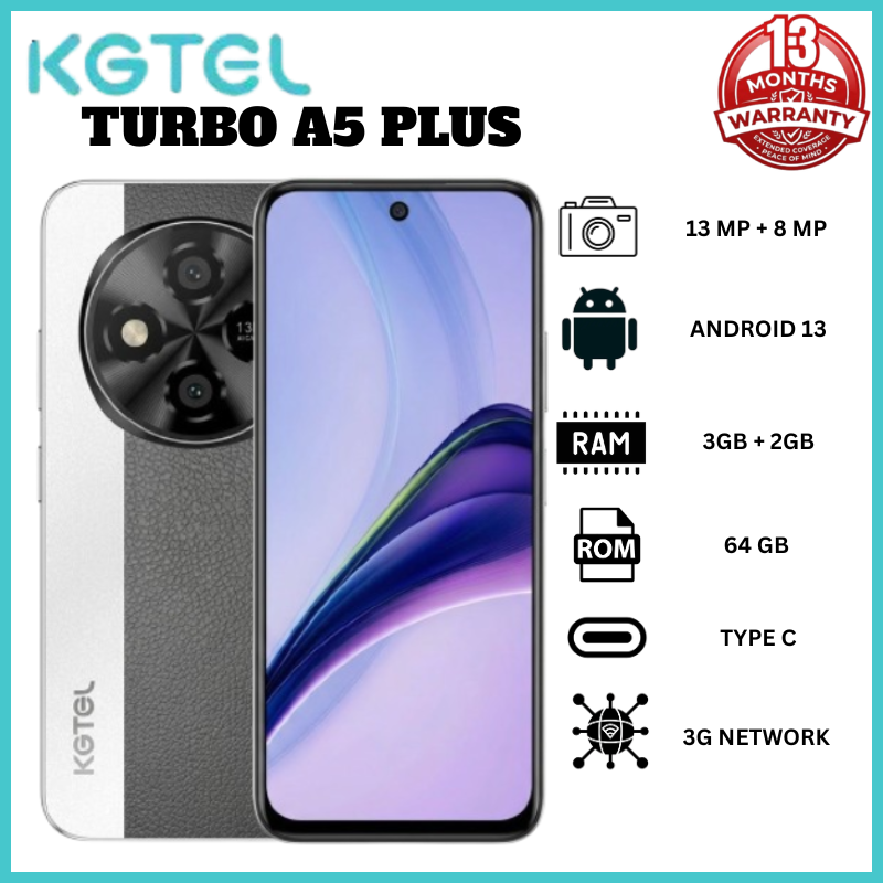 (EASTER SALES OFFER)KGTEL TURBO A5 PLUS 3G Phone, 6.67" HD+ Hole Screen, 64GB ROM, 5GB RAM (2+3 Extended), 5000mAh Battery, 13MP Camera, Type-C, Side Fingerprint, Face Unlock,Android Smartphone