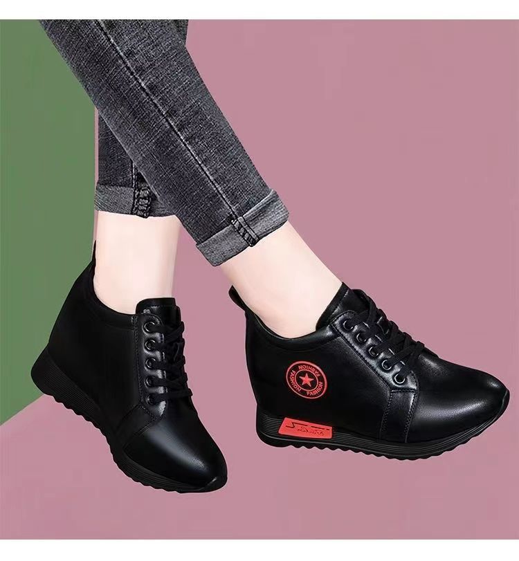 Women's Height Increasing Casual Shoes - Fashion Thick-Sole Platform Leather Sneakers with Soft Cushion, Versatile Sports-Inspired Design for Daily Wear