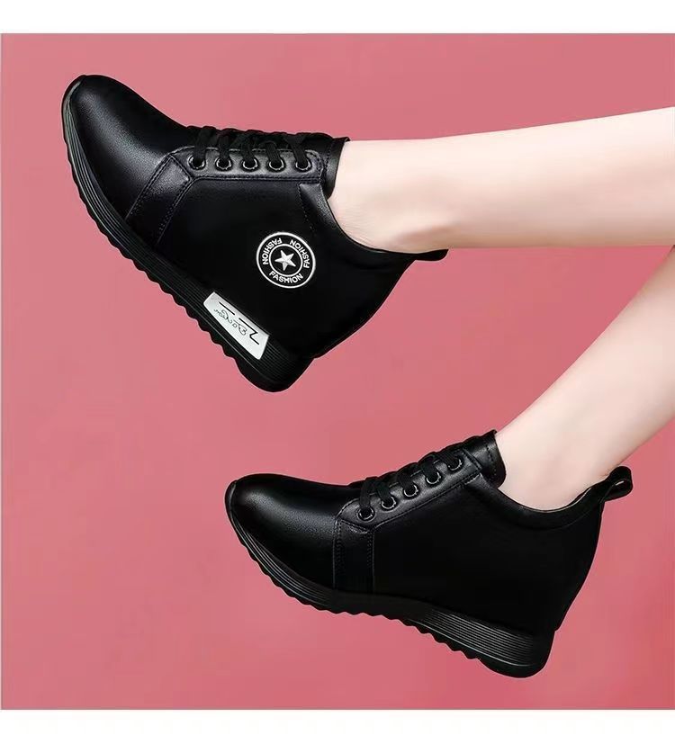 Women's Height Increasing Casual Shoes - Fashion Thick-Sole Platform Leather Sneakers with Soft Cushion, Versatile Sports-Inspired Design for Daily Wear