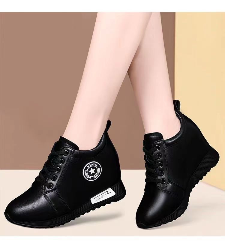 Women's Height Increasing Casual Shoes - Fashion Thick-Sole Platform Leather Sneakers with Soft Cushion, Versatile Sports-Inspired Design for Daily Wear