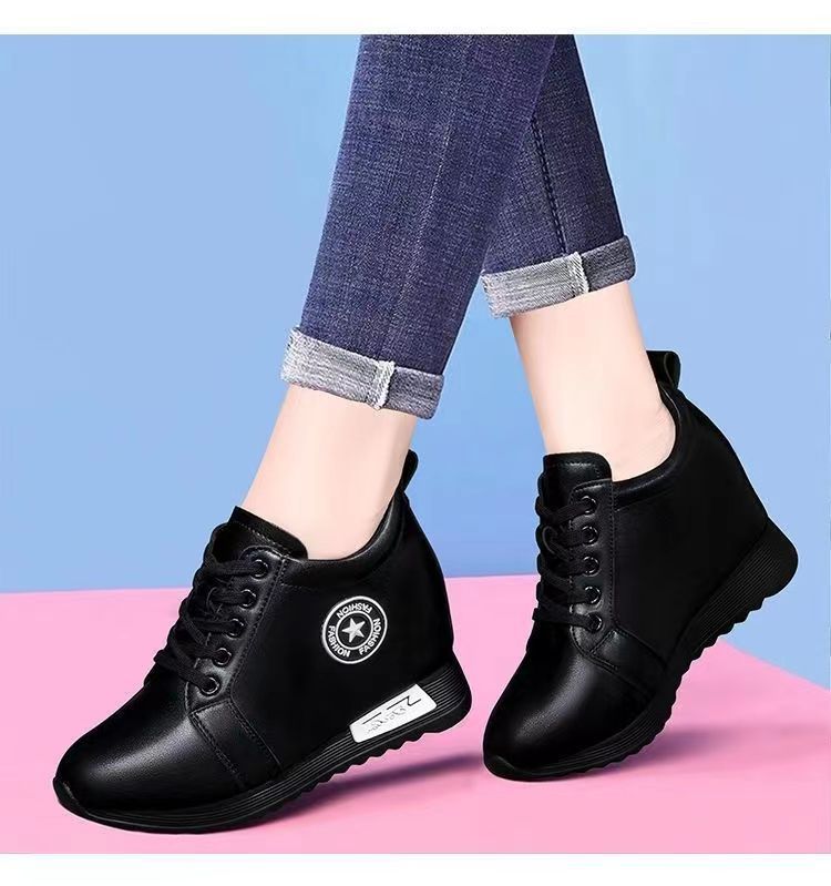 Women's Height Increasing Casual Shoes - Fashion Thick-Sole Platform Leather Sneakers with Soft Cushion, Versatile Sports-Inspired Design for Daily Wear