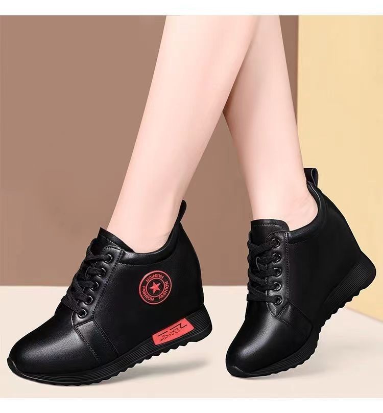 Women's Height Increasing Casual Shoes - Fashion Thick-Sole Platform Leather Sneakers with Soft Cushion, Versatile Sports-Inspired Design for Daily Wear