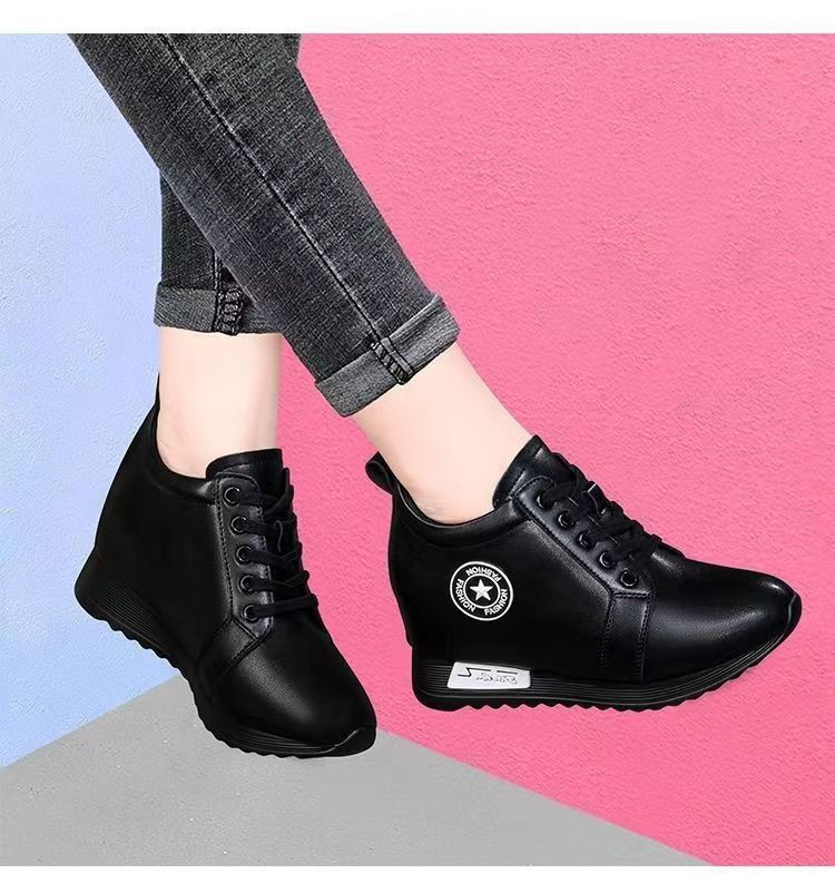 Women's Height Increasing Casual Shoes - Fashion Thick-Sole Platform Leather Sneakers with Soft Cushion, Versatile Sports-Inspired Design for Daily Wear