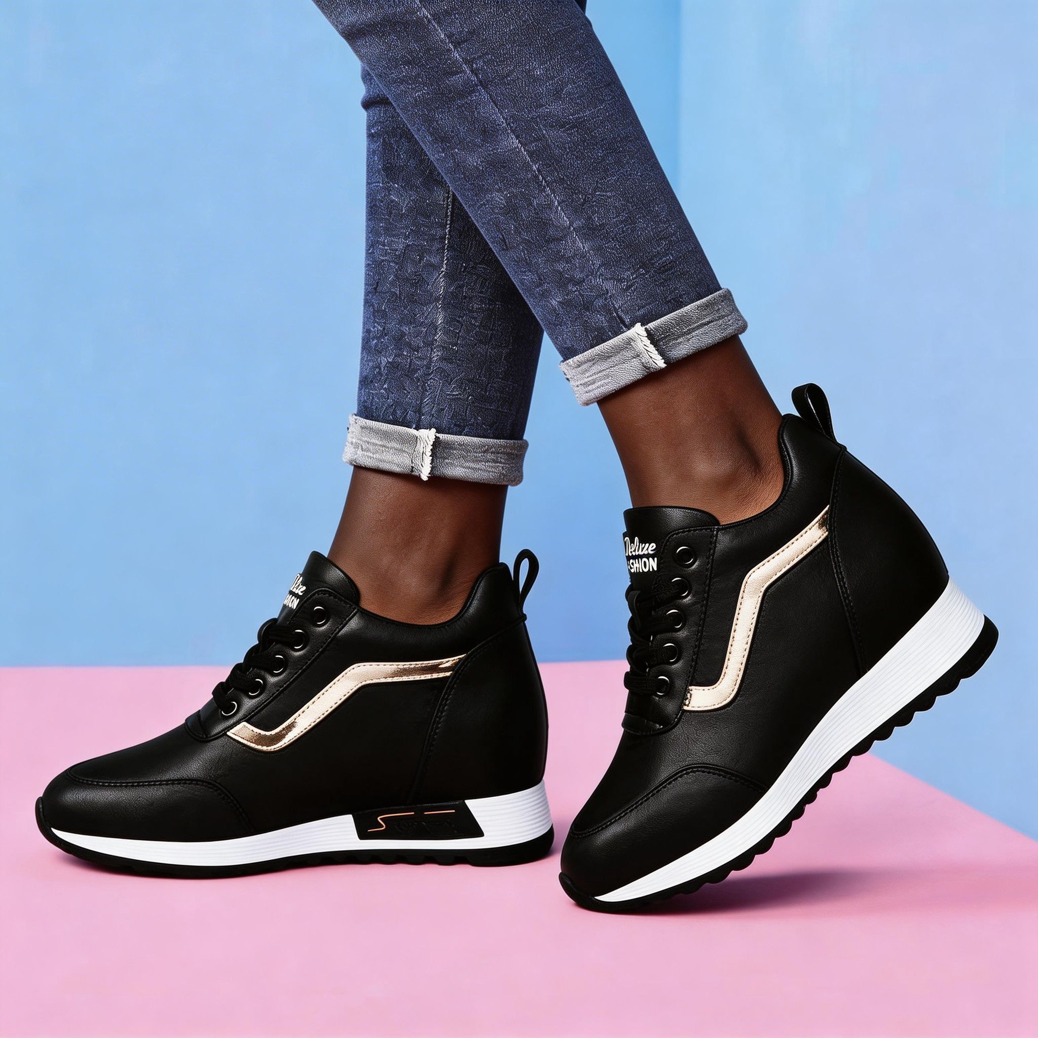 Women's Height Increasing Casual Shoes - Fashion Thick-Sole Platform Leather Sneakers with Soft Cushion, Versatile Sports-Inspired Design for Daily Wear