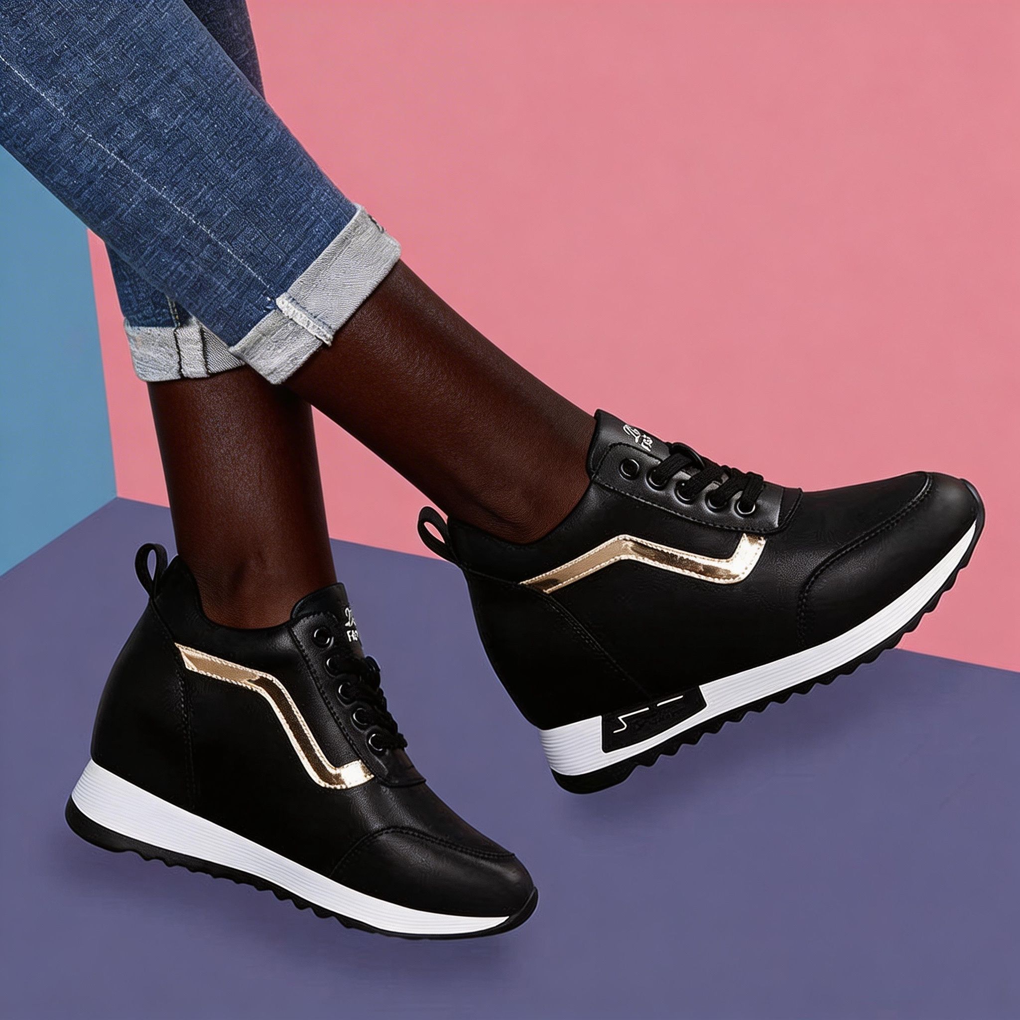 Women's Height Increasing Casual Shoes - Fashion Thick-Sole Platform Leather Sneakers with Soft Cushion, Versatile Sports-Inspired Design for Daily Wear