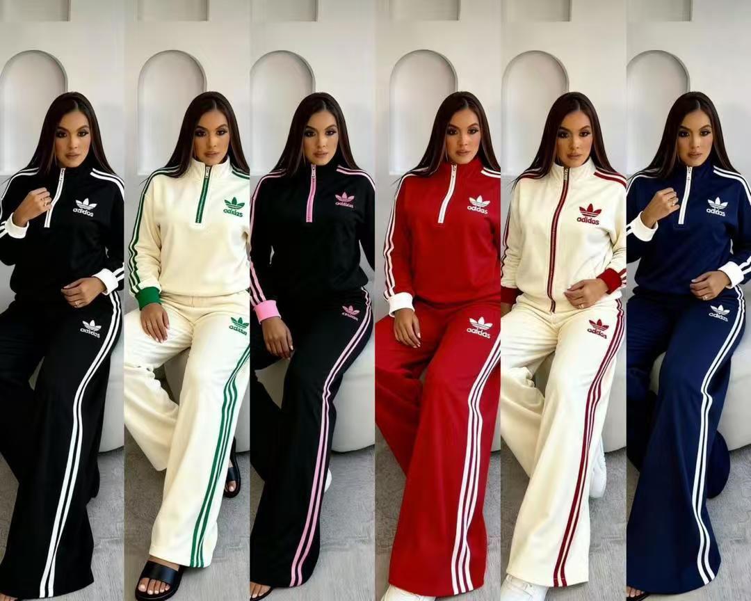 Women’s Adidas 2-Piece Casual Tracksuit Set – Black with Pink Stripes, White with Green Stripes, Black with White Stripes,Red with White stripes and Navy Blue with White stripes.